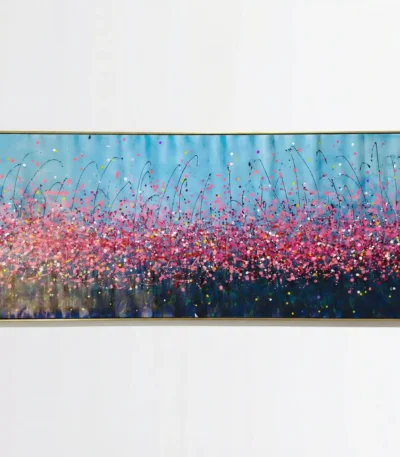 Gestural abstract hand-painted canvas depicting wildflower meadow in vibrant pink, magenta and deep navy with delicate brushstrokes, contemporary living space