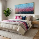 Gestural abstract hand-painted canvas with layered pink, magenta and navy brushstrokes suggesting wildflower field, modern bedroom