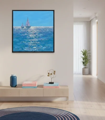 Contemporary seascape hand-painted canvas depicting two sailboats on shimmering blue waters in warm sunlight, modern entryway