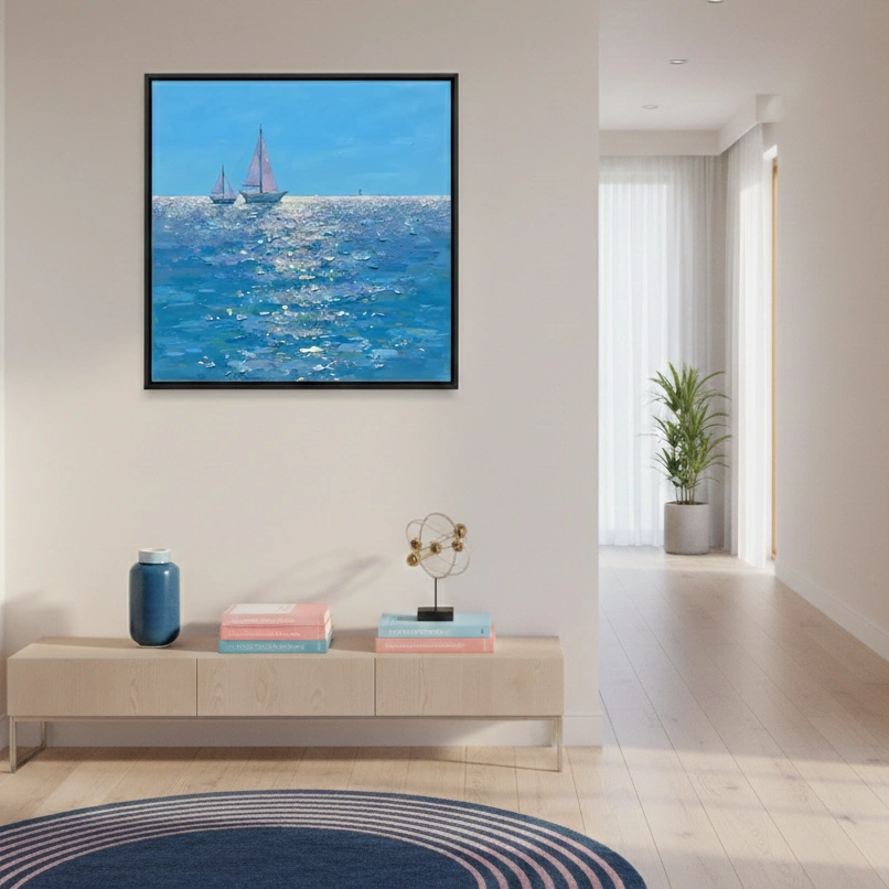 Azure Horizon Serene Sailing Impasto Style Color art Wall Decor (1.5) Contemporary seascape hand-painted canvas depicting two sailboats on shimmering blue waters in warm sunlight, modern entryway