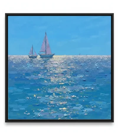 Impressionist hand-painted canvas depicting two sailboats with mauve sails on shimmering blue ocean waters, contemporary living space