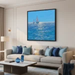 Contemporary seascape painting featuring sailboats on shimmering turquoise waters under clear blue sky, modern living space