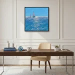 Impressionist seascape hand-painted canvas with sailboats in luminous blues and whites, contemporary office space
