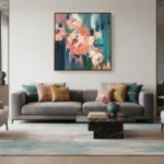 Gestural abstract hand-painted canvas featuring layered coral and cream florals with teal and charcoal brushstrokes, contemporary living space