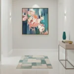 Contemporary hand-painted canvas of blush roses with teal and navy gestural brushstrokes, modern entryway