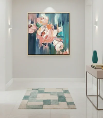 Contemporary hand-painted canvas of blush roses with teal and navy gestural brushstrokes, modern entryway