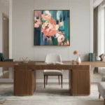 Gestural abstract hand-painted canvas with layered pink roses and teal brushstrokes, contemporary office setting