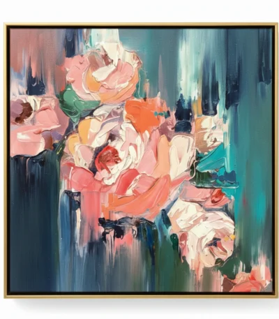 Gestural abstract hand-painted canvas depicting expressive floral forms in coral, cream, and teal brushstrokes