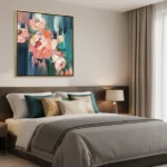 Gestural abstract expressionist hand-painted canvas with layered pink and cream florals against deep teal brushstrokes, modern bedroom