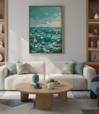 Impressionist seascape hand-painted canvas depicting sailboats on turquoise waters with dynamic brushwork, ocean blues and cream tones, contemporary living space