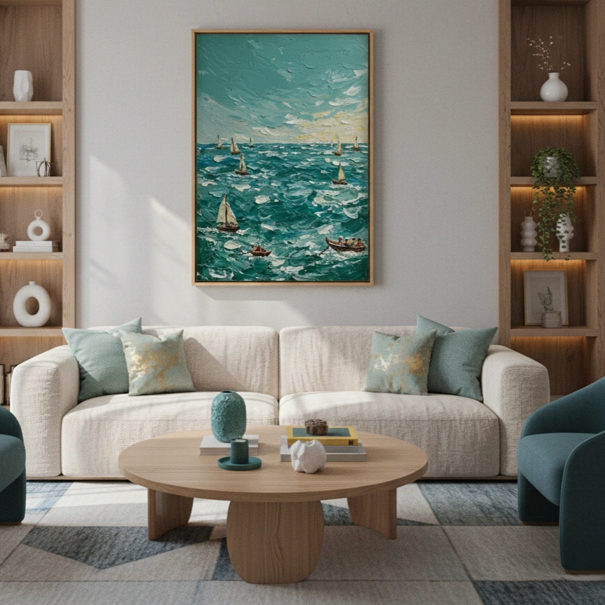 Azure Voyage Textured Nautical Oil Painting color art (1.5) Impressionist seascape hand-painted canvas depicting sailboats on turquoise waters with dynamic brushwork, ocean blues and cream tones, contemporary living space