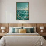Impressionist seascape hand-painted canvas with sailboats in layered teals and golden yellows, modern bedroom setting