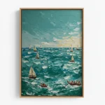 Impressionist seascape painting depicting sailboats and rowing boats on textured turquoise waters beneath pale sky, hand-painted canvas with dynamic brushwork
