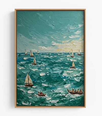 Impressionist seascape painting depicting sailboats and rowing boats on textured turquoise waters beneath pale sky, hand-painted canvas with dynamic brushwork