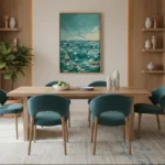 Impressionist seascape hand-painted canvas with sailing boats in turquoise waters and pale sky, dining space
