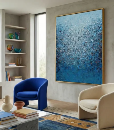 Textured abstract hand-painted canvas in layered blues and whites with gestural marks, contemporary living space