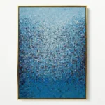 Textured abstract hand-painted canvas in layered cool blues and whites with gestural brushwork, contemporary living space
