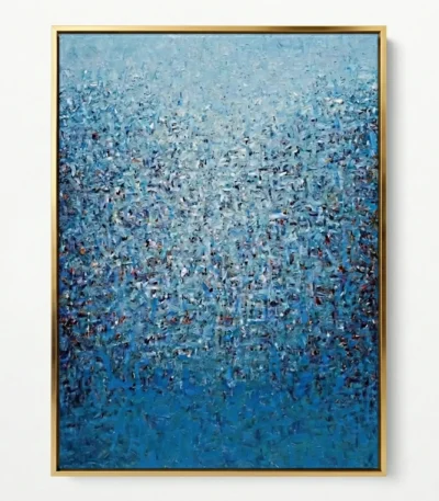 Textured abstract hand-painted canvas in layered cool blues and whites with gestural brushwork, contemporary living space