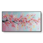 Painting of a pink and white cherry blossom branch over a pastel blue-pink-yellow ground, black frame, panoramic