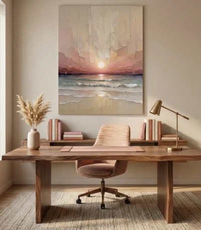 Impressionist seascape hand-painted canvas capturing golden sunset over waves in soft pink and cream tones, modern office setting