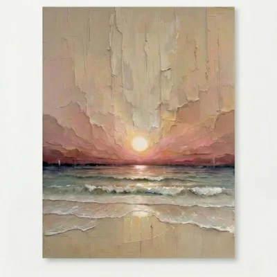 Impressionist seascape painting with golden sunset, soft pink sky, and textured ocean waves in warm earth tones, hand-painted canvas