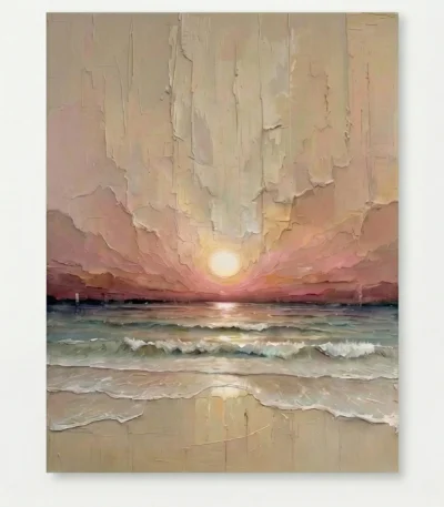 Impressionist seascape painting with golden sunset, soft pink sky, and textured ocean waves in warm earth tones, hand-painted canvas