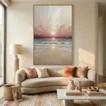 Textured contemporary landscape painting depicting sunset over ocean waves in soft peachy and cream tones, modern living space