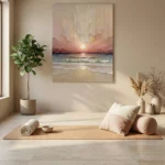 Impressionist seascape painting with layered sunset and ocean waves in warm blush and cream tones, hand-painted canvas in contemporary meditation space