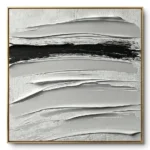 Minimalist textured painting of pale grey-white waves crossed by one bold black horizontal stroke, thin gold frame