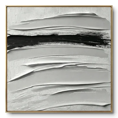 Minimalist textured painting of pale grey-white waves crossed by one bold black horizontal stroke, thin gold frame
