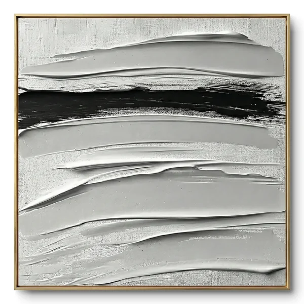 Minimalist textured painting of pale grey-white waves crossed by one bold black horizontal stroke, thin gold frame