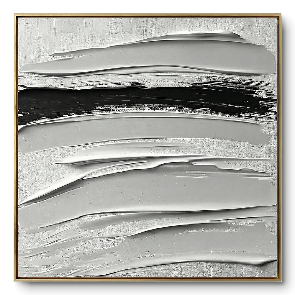 Minimalist textured painting of pale grey-white waves crossed by one bold black horizontal stroke, thin gold frame