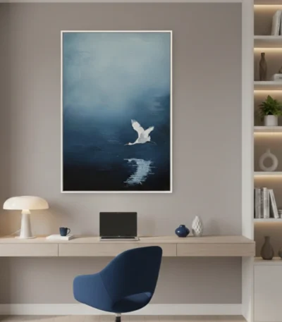 Minimalist hand-painted canvas depicting a solitary white crane in flight over serene deep blue waters, cool tonal palette, modern study space