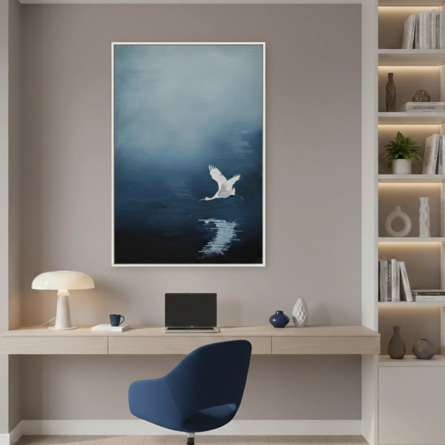 Celestial Horizon Minimalist Bird Silhouette Against Ethereal Gradient Minimal art Wall decor (1.5) Minimalist hand-painted canvas depicting a solitary white crane in flight over serene deep blue waters, cool tonal palette, modern study space