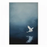 Minimalist hand-painted canvas depicting a solitary white crane in flight above moonlit water, deep blue and black tones