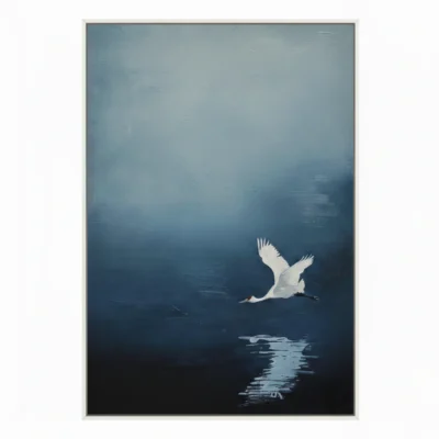 Minimalist hand-painted canvas depicting a solitary white crane in flight above moonlit water, deep blue and black tones