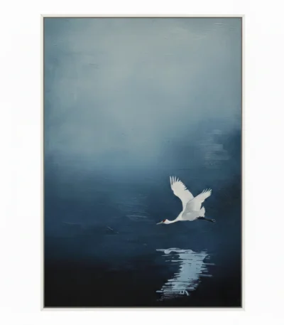 Minimalist hand-painted canvas depicting a solitary white crane in flight above moonlit water, deep blue and black tones