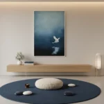 Minimalist hand-painted canvas depicting a white crane in flight over dark water reflections, cool blue and monochrome tones, contemporary interior