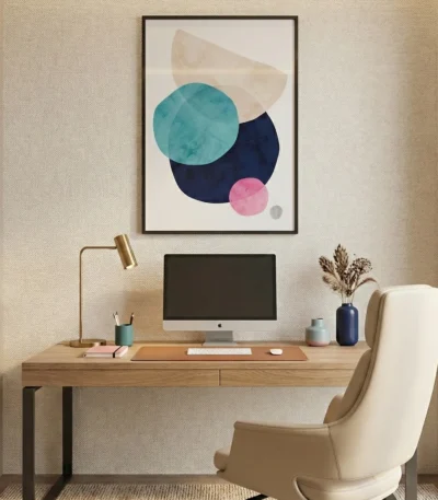 Minimalist abstract hand-painted canvas with layered geometric circles in teal, navy, pink and cream tones, modern workspace