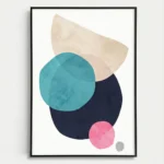 Minimalist hand-painted canvas with layered geometric shapes in teal, navy, blush, and cream tones
