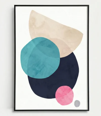 Minimalist hand-painted canvas with layered geometric shapes in teal, navy, blush, and cream tones