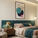 Minimalist abstract hand-painted canvas with layered teal, navy, and blush geometric shapes, modern bedroom