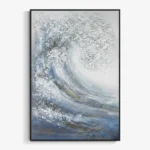 Textured abstract hand-painted canvas with sweeping gestural brushstrokes in cool grays, whites and deep blues with golden accents