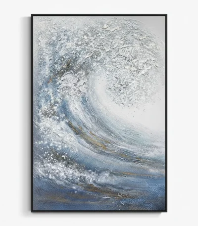 Textured abstract hand-painted canvas with sweeping gestural brushstrokes in cool grays, whites and deep blues with golden accents