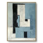 Geometric abstract painting of interlocking blue, black and white blocks with a scratched textured surface, thin gold frame