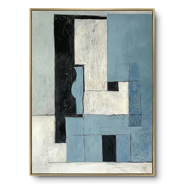 Geometric abstract painting of interlocking blue, black and white blocks with a scratched textured surface, thin gold frame