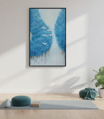 Layered abstract hand-painted canvas depicting blue forest cliffs with white birds in flight, cool tones, yoga studio setting
