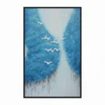 Minimalist hand-painted canvas depicting white birds flying through misty blue canyon landscape with textured brushwork
