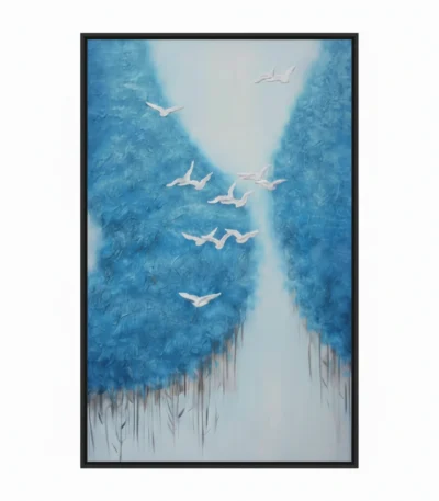 Minimalist hand-painted canvas depicting white birds flying through misty blue canyon landscape with textured brushwork