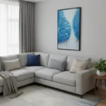 Contemporary abstract hand-painted canvas depicting birds flying through layered blue forest with white sky, cool tones, modern living space